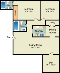 2 Bed / 2 Bath / 1,325 sq ft / Rent: $820 w/ den